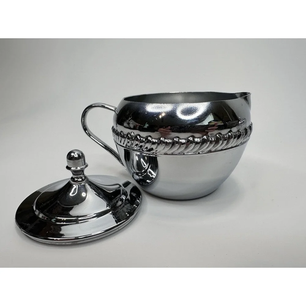 Vintage Irvinware Sugar &‎ Creamer Serving Set Chrome Tone Makers Mark MCM USA